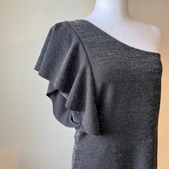 ✨🖤Riki's Black Sparkly One-Shoulder Cocktail Dress - Ruffle Detail size 14 🖤✨ - Picture 2 of 11